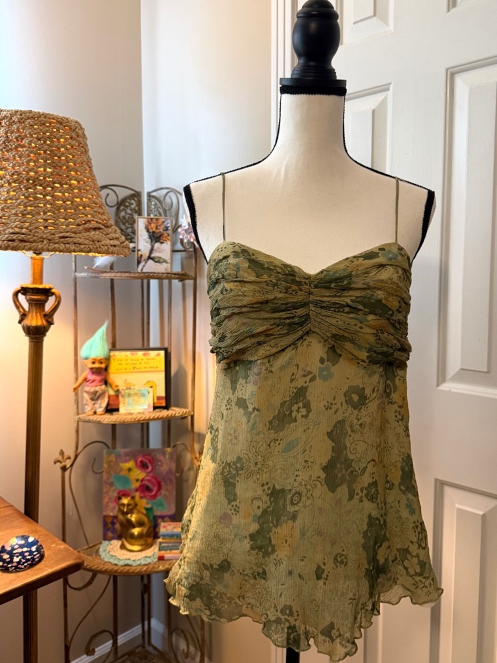 Express Olive Green Smocked Blouse with Subtle Floral Print size large euc